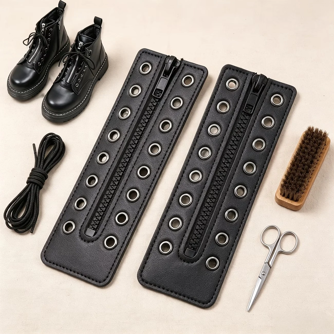 PU Leather Boot Zipper Inserts - Tieless Lace-Up Zipper Inserts, 8 Eyelets for Boots and Shoes