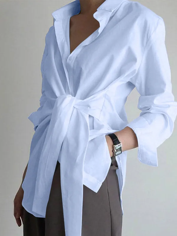 

Faionable Women's White Long Sve Blouse with Bow Casual Lace up Cleanfit Sle Thin Poly Fabric A-Line Sve ort Sve