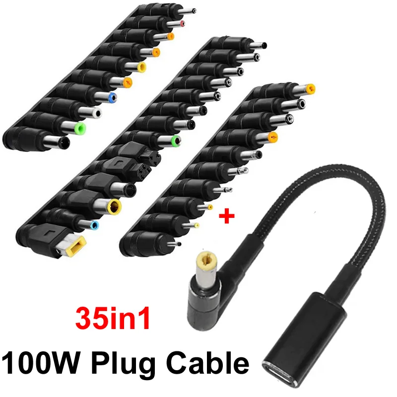 100W USB Type C to Universal Notebook Adapter Connecter DC 5521 5525 Jack Charging Cable Cord Laptop Charger 34pcs Connector