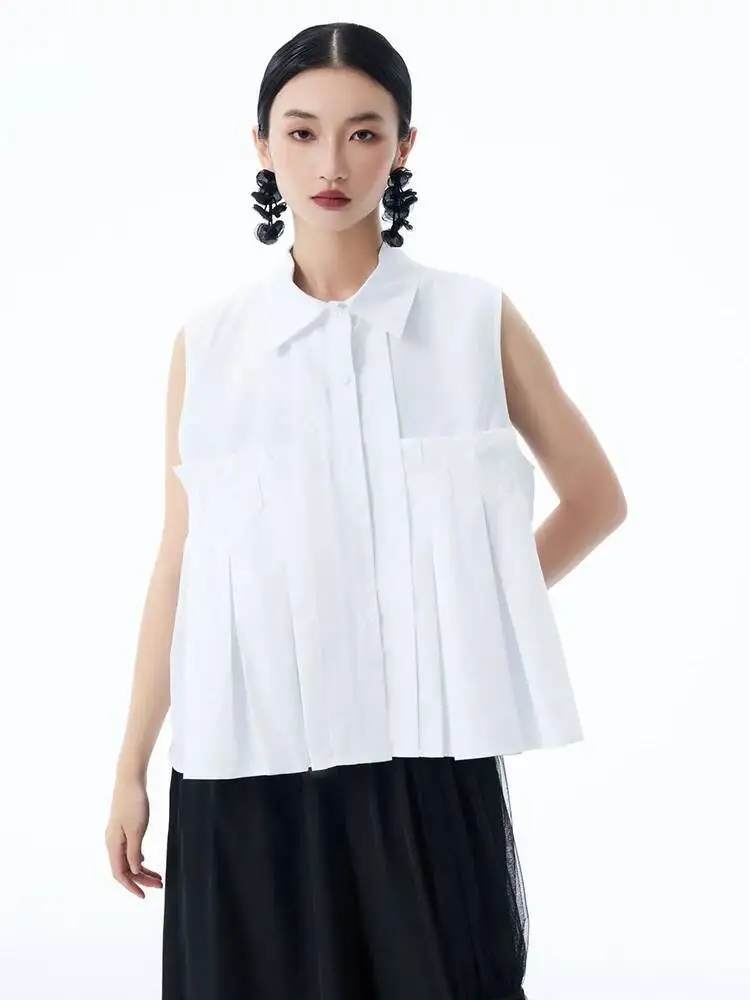 

Women Green Pleated Spliced Big Size Elegant Blouse New Lapel Sleeveless Shirt Fashion Tide Spring Summer