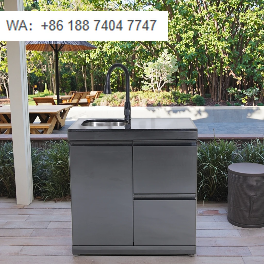 

Outdoor Kitchen Storage Double Drawers Cabinet Stainless Steel 304 Sink Black Titanium Black Galaxy Marble Countertop 4