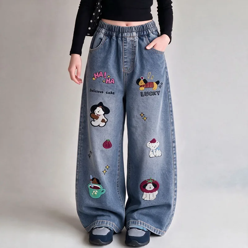 Spring Autumn New Girls Wide Leg Jeans With Cartoon Towel Embroidery For Child Fashion Denim Pants Kids Loose Straight Trousers