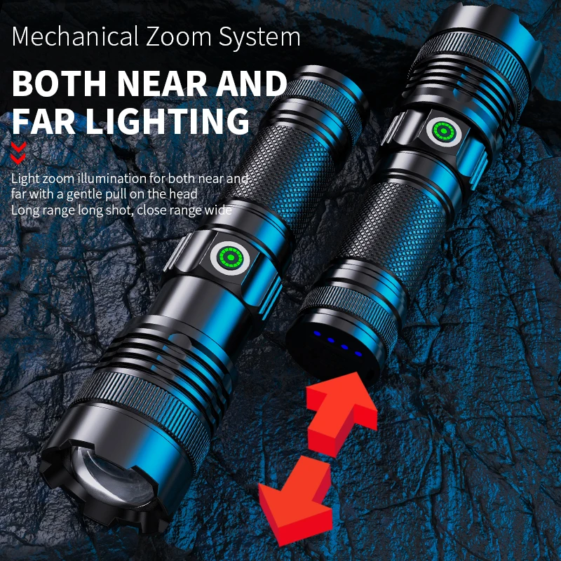 10000000LM USB Portable LED Flashlight 1500M Long Throw Tactical Zoom Torch Waterproof Spotlight for Camping Built-in Battery