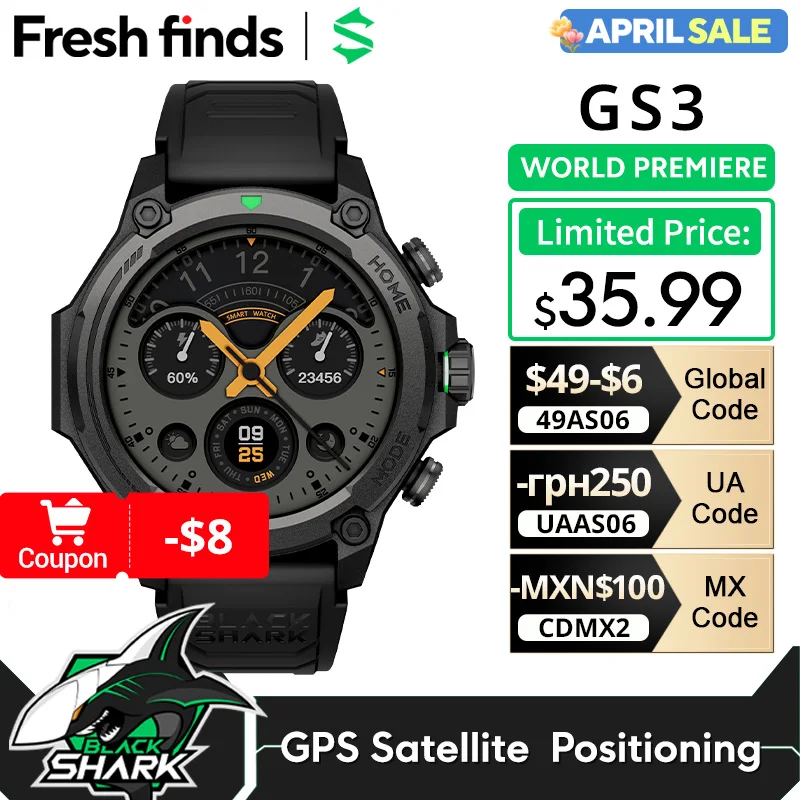 [Мировая премьера] Смарт-часы Blackshark GS3, глобальная версия, 1,43 дюйма, AMOLED-дисплей, 5 АТМ, циферблаты с искусственным интеллектом, GPS, спутниковое позиционирование