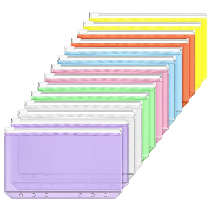 14 Pieces Binder Pockets A6 Size 6 Holes Binder Zipper Folders Waterproof PVC Loose Leaf Bags For 6-Ring Binder Notebook