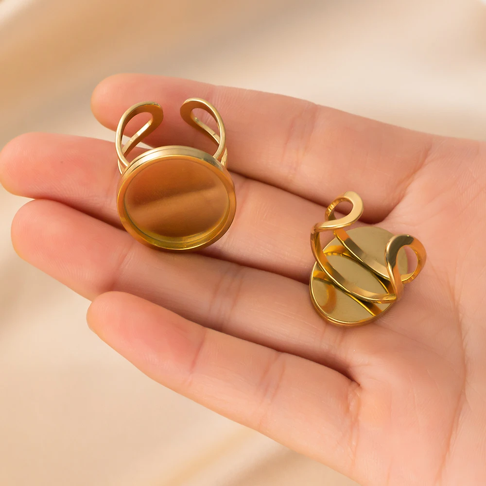 4Pcs Stainless Steel Golden Blank Adjustable Ring Flat Round Cabochon Base Tray Settings For DIY Jewelry Making Findings Supplie view 5