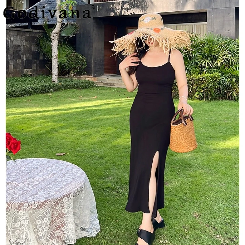 

Large Size Girl Summer New Black Square Neck Sexy Split Lace-up Fishtail Dress High Waist A-line Long Halter Suspender Dresses