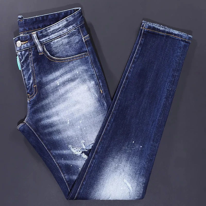 Men Deep‑Blue Horizontal Whisker Wash Irregular Frayed Ripped Stretch Skinny Denim Jeans Hip‑Hop Streetwear Denim Jeanshombre