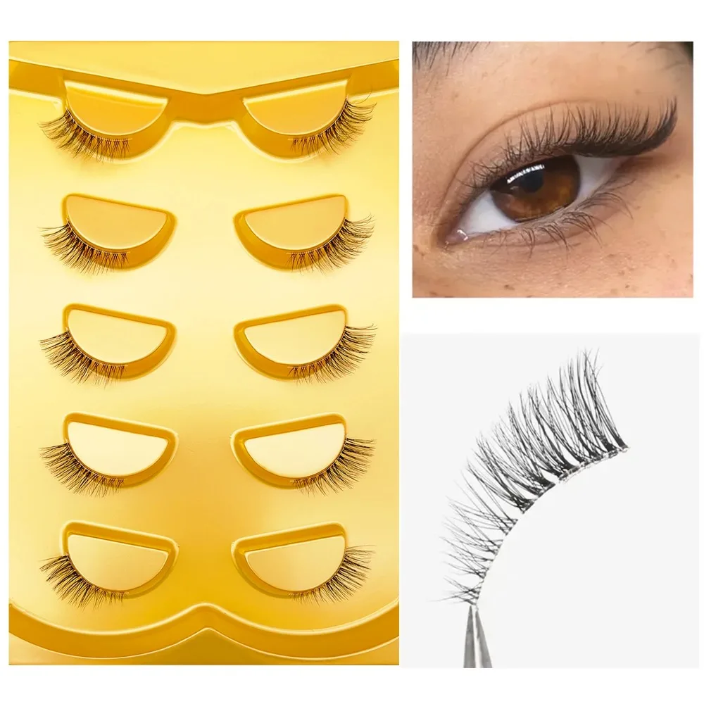 Natürliche Cat-Eye-Halb-Wimpern, 5 Paar, transparentes Band, weiche künstliche Nerzwimpern, flauschige kurze Wimpern, wiederverwendbare Make-up-Wimpernverlängerung