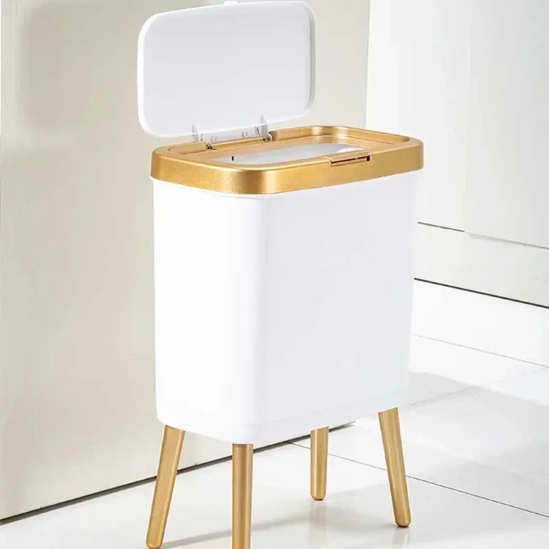 15L Luxury Golden Trash Can for Kitchen Bathroom Creative Quadruped High-foot Push-type Plastic Narrow Garbage Bin with Lid