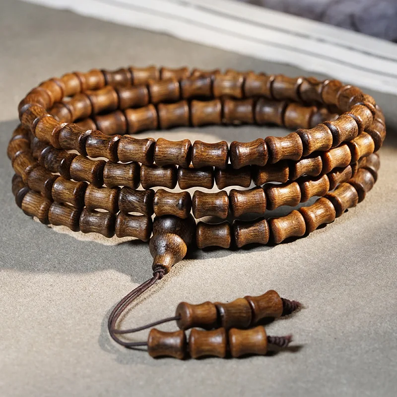 Chinese Lucky Blessing Bamboo Joint 108 Pcs Natural Agarwood Mala Bracelet Vintage Wooden Prayer Beads For Men Women Meditation
