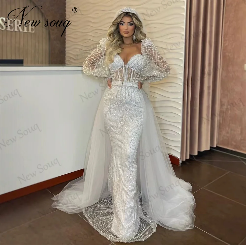 Haute Coutures Ivory Pearls Evening Dresses For Weddings Luxury Long Puffy Sleeves Celebrity Prom Dress Dubai Bride Party Gowns