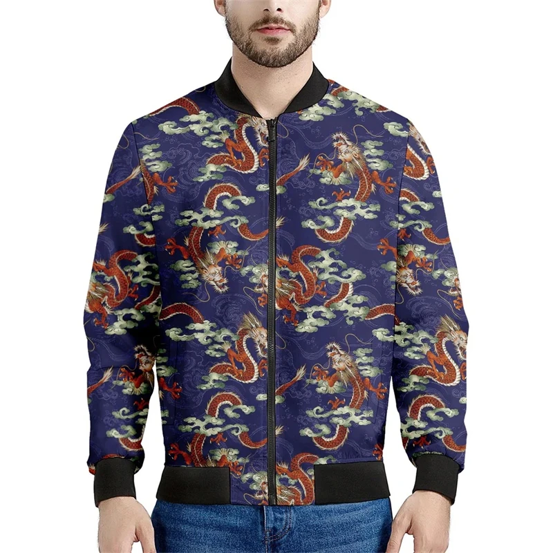 Chinese Dragon Print Zipper Hoodies Sweatshirts 3D Print Jackets For Men Casual Fashion Stand Collar Coat Jacket Tops Clothing