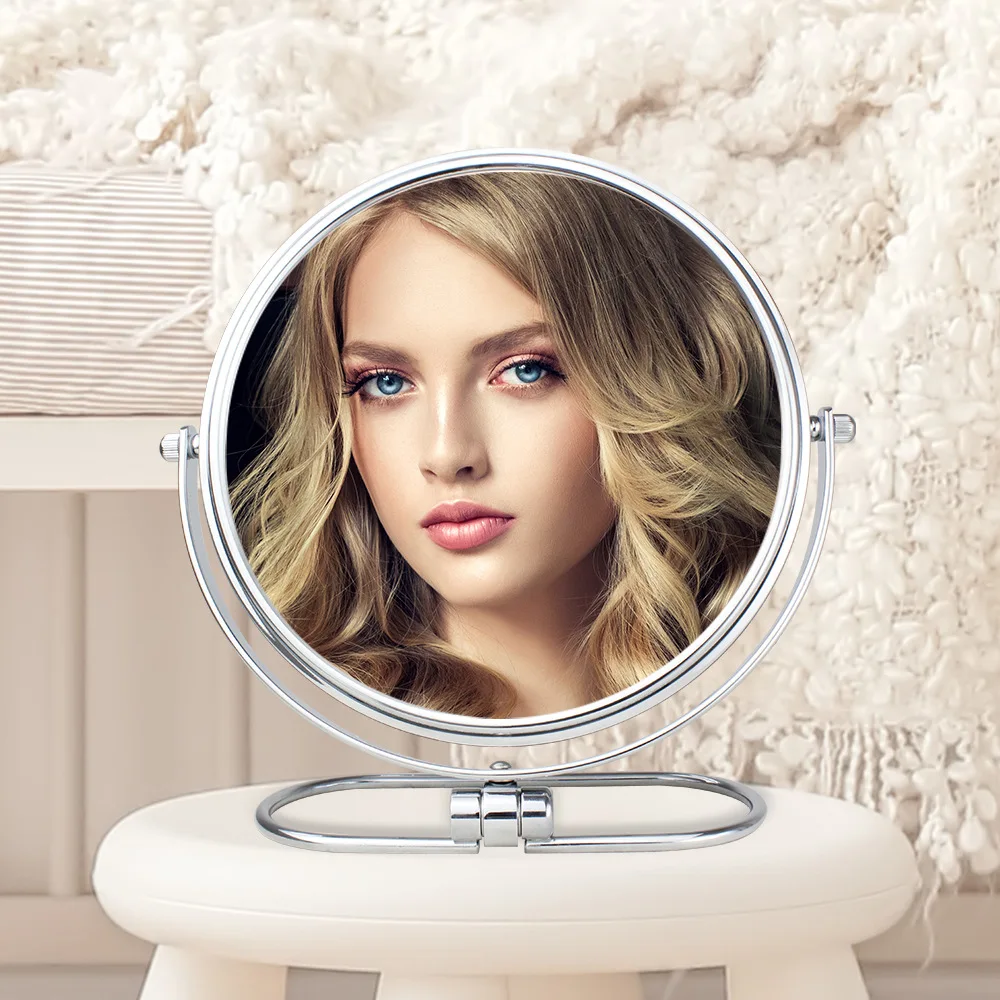 High Quality Metal Desktop Makeup Mirror 8 Inches 5X Magnifier Stainless Steel Stand Double Sided Mirror