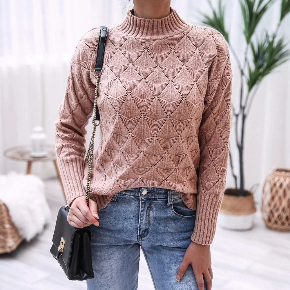 Herfst en winter Europese en Amerikaanse mode Elegante halfhoge kraag Diamond Grid gebreide hoodie gebreide trui top