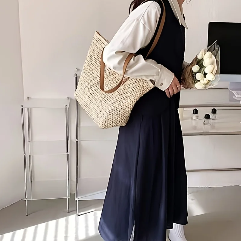 Modische und vielseitige gewebte Damentasche mit Reißverschluss für Reisen, Strandtasche mit großem Fassungsvermögen, Handtasche – Detail 1