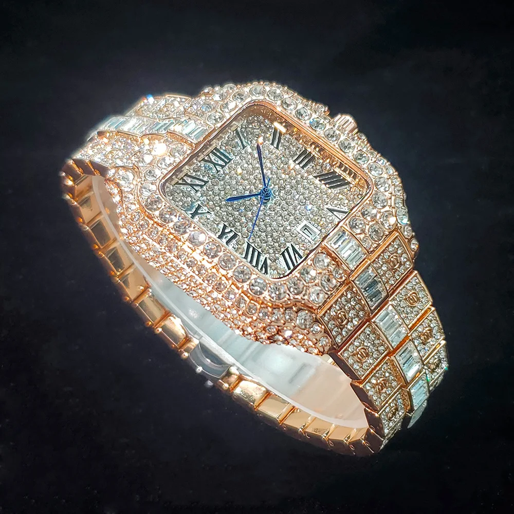 ساعة ماسية كاملة فاخرة للرجال شعبية الذهب الوردي مثلج خارج ساعات كوارتز موضة الهيب هوب مجوهرات Reloj Hombre دروبشيبينغ