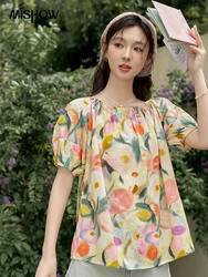 MISHOW 100% Cotton Women's Floral Puff Short Sleeve Shirt 2024 Summer Boho Crew Neck Blouses French Chic Female Tops MXD24X1522