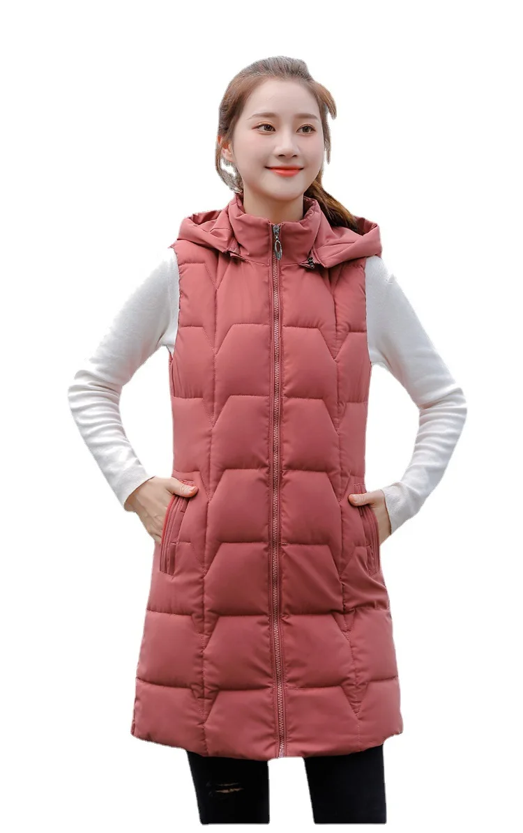 Outono Inverno Colete Mulheres Parkas Longo Com Capuz Sem Mangas Para Baixo Casaco De Algodão Grosso Quente Feminino Coletes Tops