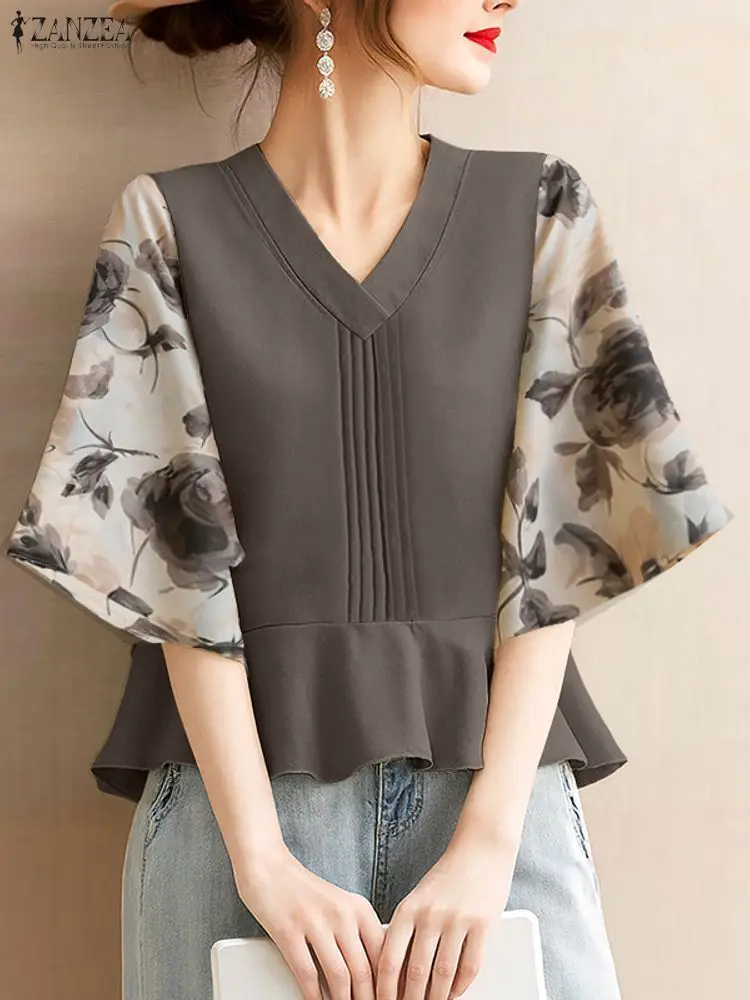 ZANZEA Elegante Frauen V-ausschnitt 3/4 Hülse Bluse Sommer Floral Patchwork Hemd Stilvolle Büro Arbeit Shirts Plissee Tops Weibliche Mujer