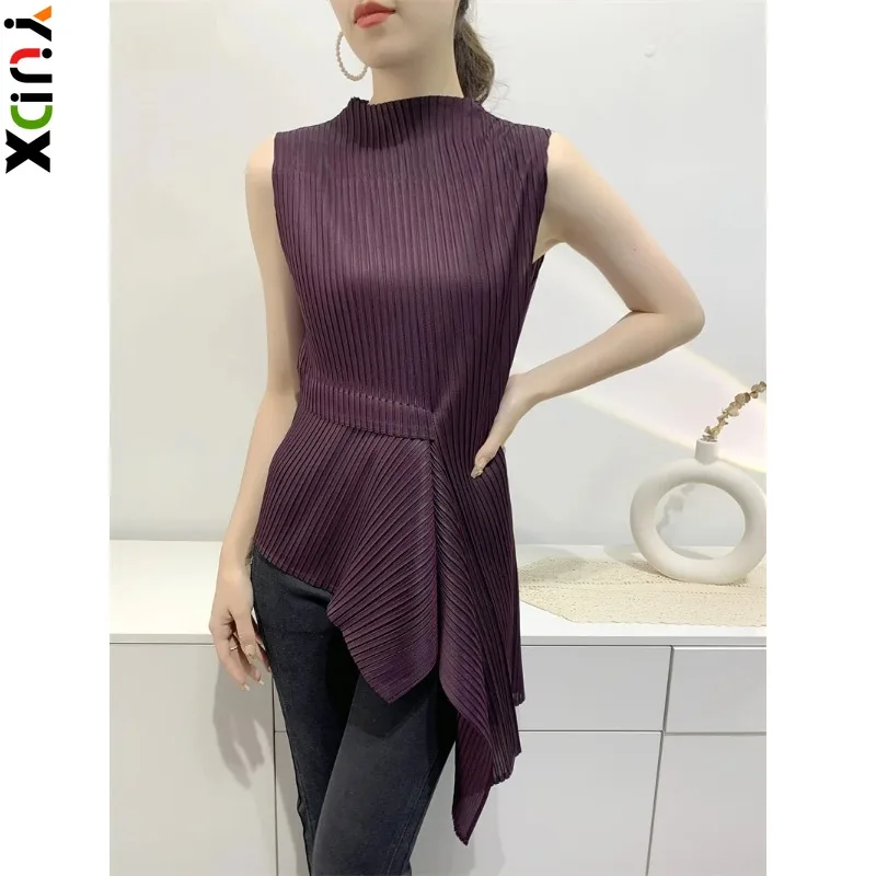 

YUDX Miyake Irregular Pleated T-shirts For Women Turtleneck Sleeveless Slim Fit Female 2024 Summer Solid Color High Street Top