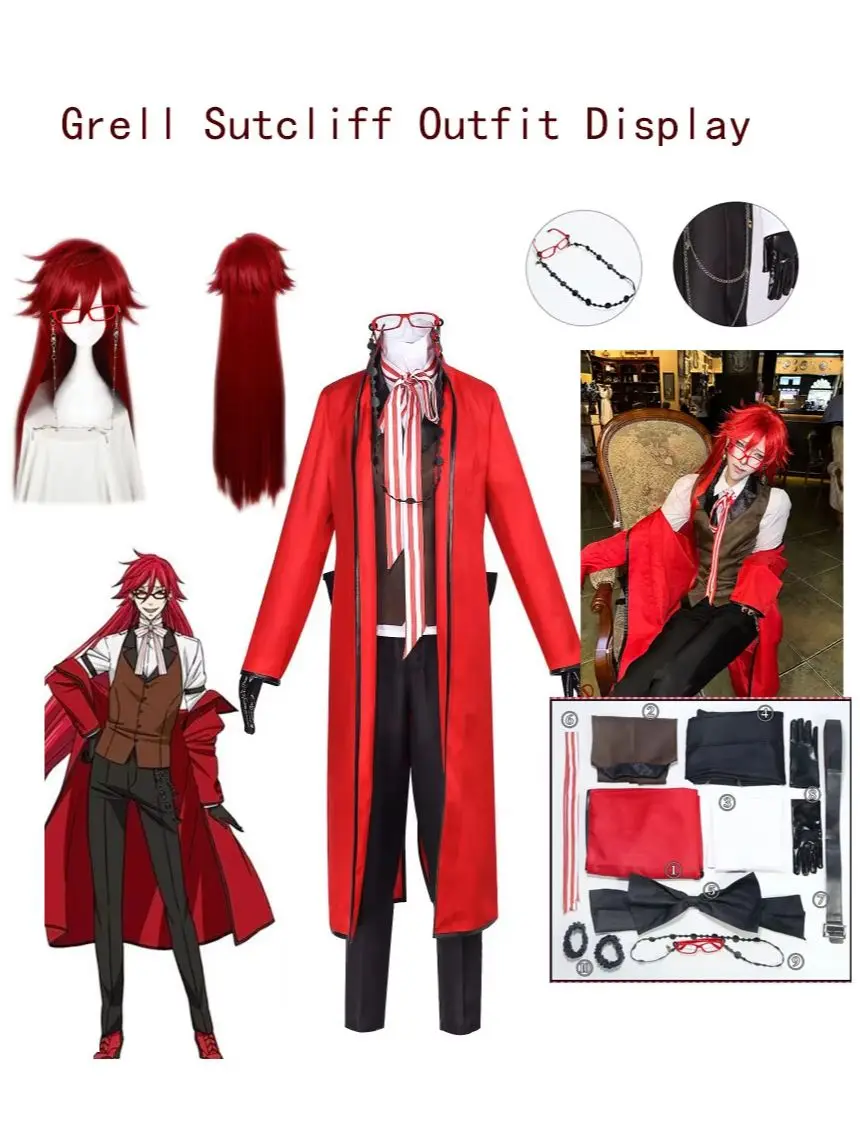 Kostium cosplay Grella Sutcliffa z Black Butler, peruka, mundury, anime cosplay, impreza halloweenowa, unisex, fantazyjny czerwony garnitur, okulary. — 2