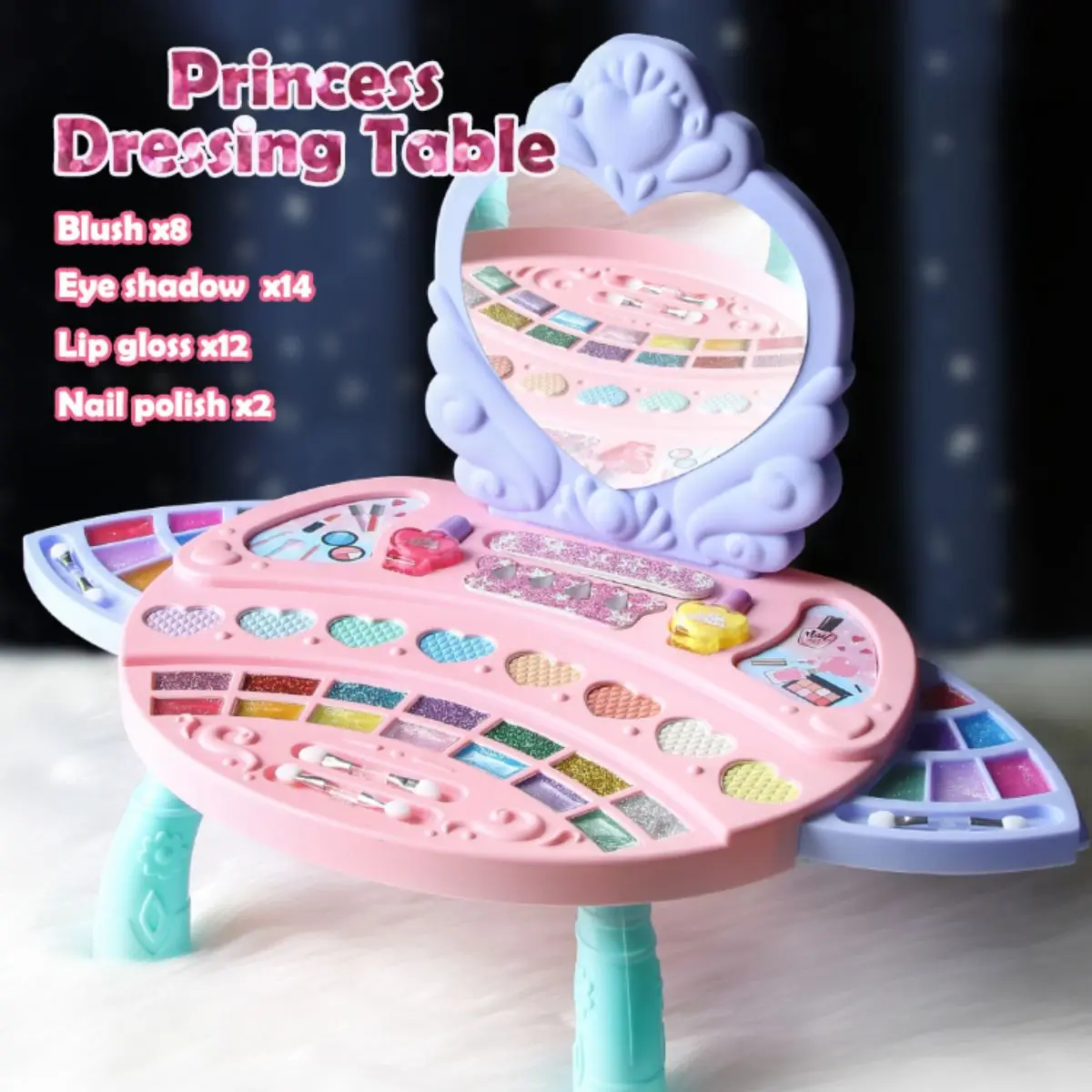 مجموعة لعب مكياج برينسيس فانيتي! مجموعة مستحضرات تجميل آمنة قابلة للغسل (طلاء أظافر، أحمر خدود، ملمع شفاه). لعبة تسريحة متعددة الوظائف. هدية مثالية