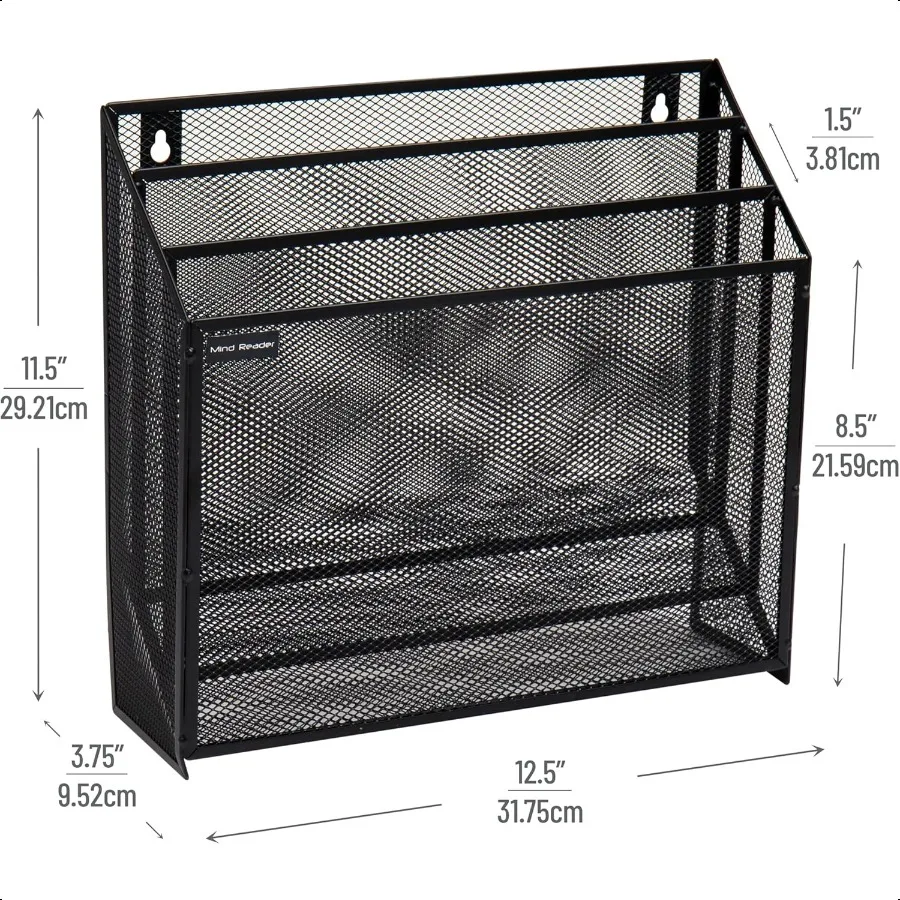 Mind Reader Vertical File Storage Desktop Organizer Wall Mount Office Metal Mesh 12.5" L x 3.75" W x 11.5" H Black