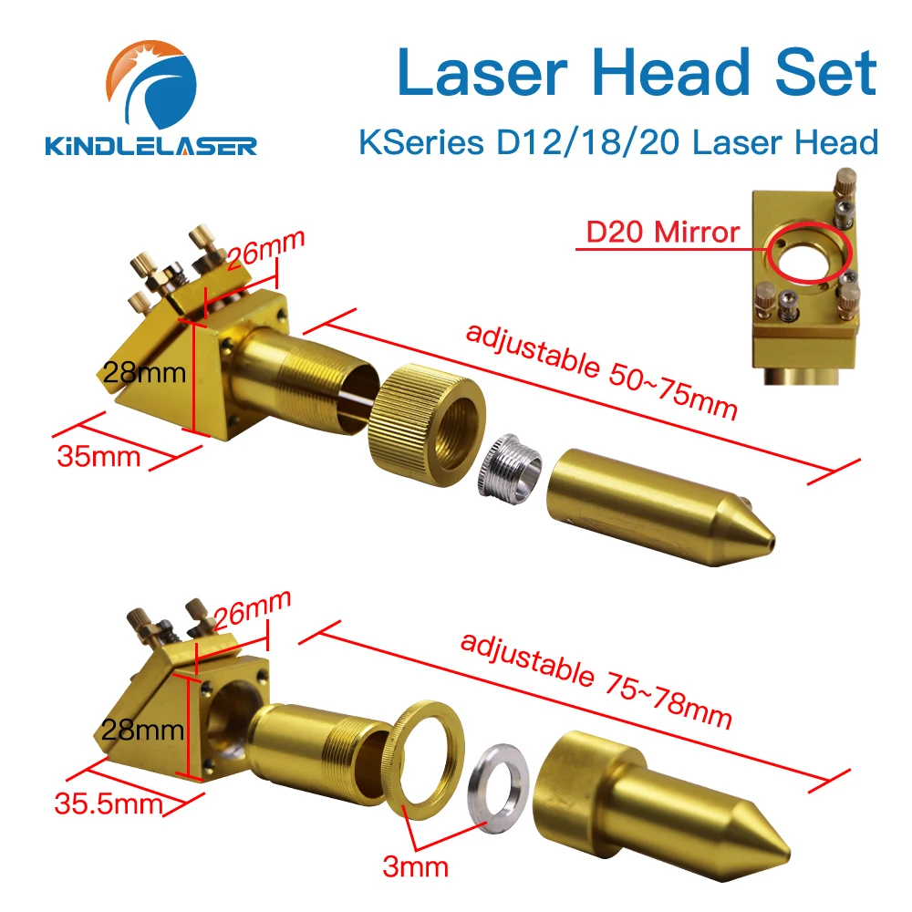 KINDLELASER K Series CO2 Laser Head Set ZNSE Lens Dia.12/18/20mm Si Mirror Dia 20mm for K40 Laser Engraving Cutting Machine