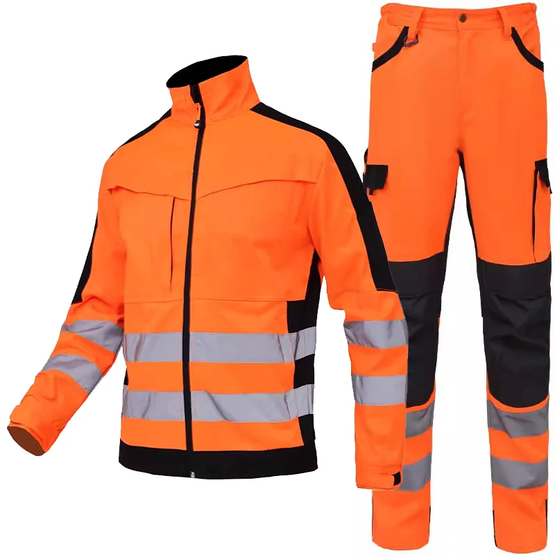 Safety Reflective Strips Workwear Set Wear-resistant Repairman Work Suits Fluorescent Zipper Jacket And Pants Set Multi Pockets