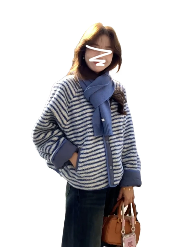 معطف نسائي كوري من فرو الخروف الممشط للخريف والشتاء، سترة علوية زرقاء مخططة، معطف أنيق فضفاض وطويل