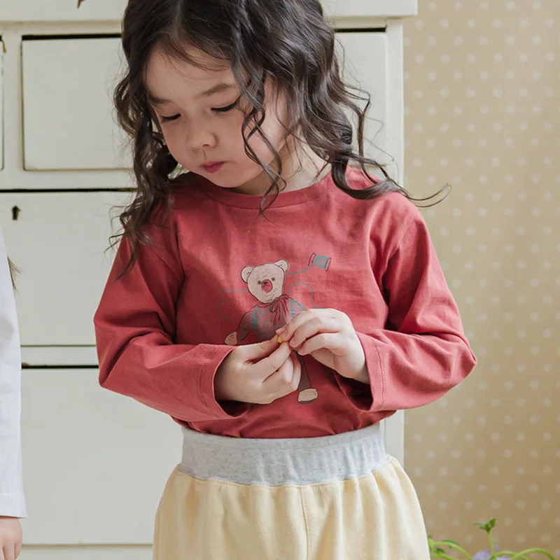 

2025 Spring Strawberry Shan Korean Children's Girls' Cotton Soft Cute Cartoon Bear Loose Long Sleeve T-shirt