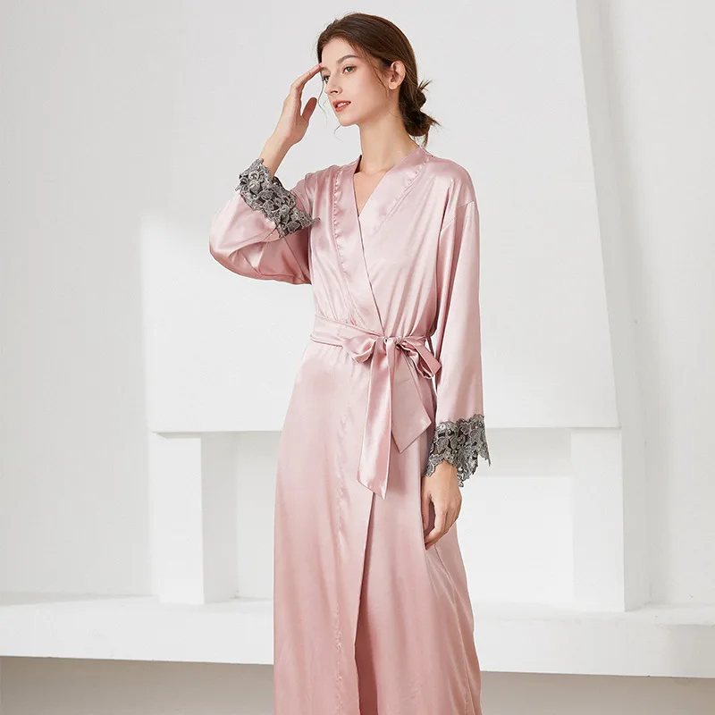 Women's Spring Autumn and Winter Long Style Robes with Sleepwear Nightgown  Silk Sexy Comfortable Pajamas Homewear Suit A80