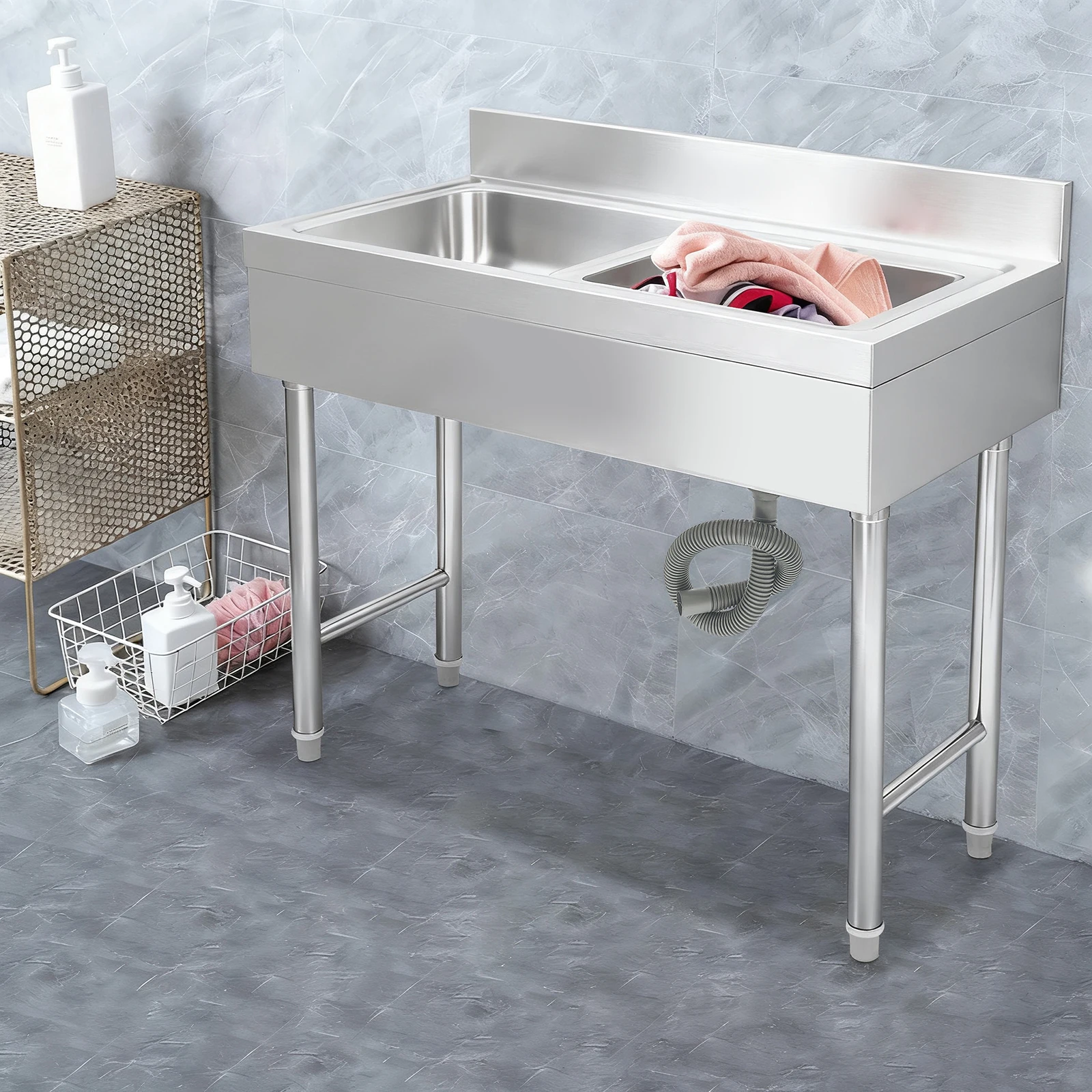 Freestanding Rectangular Silver Stainless Steel Sink 150kg Load Capacity Commercial Outdoor Sink for Homes/Restaurants