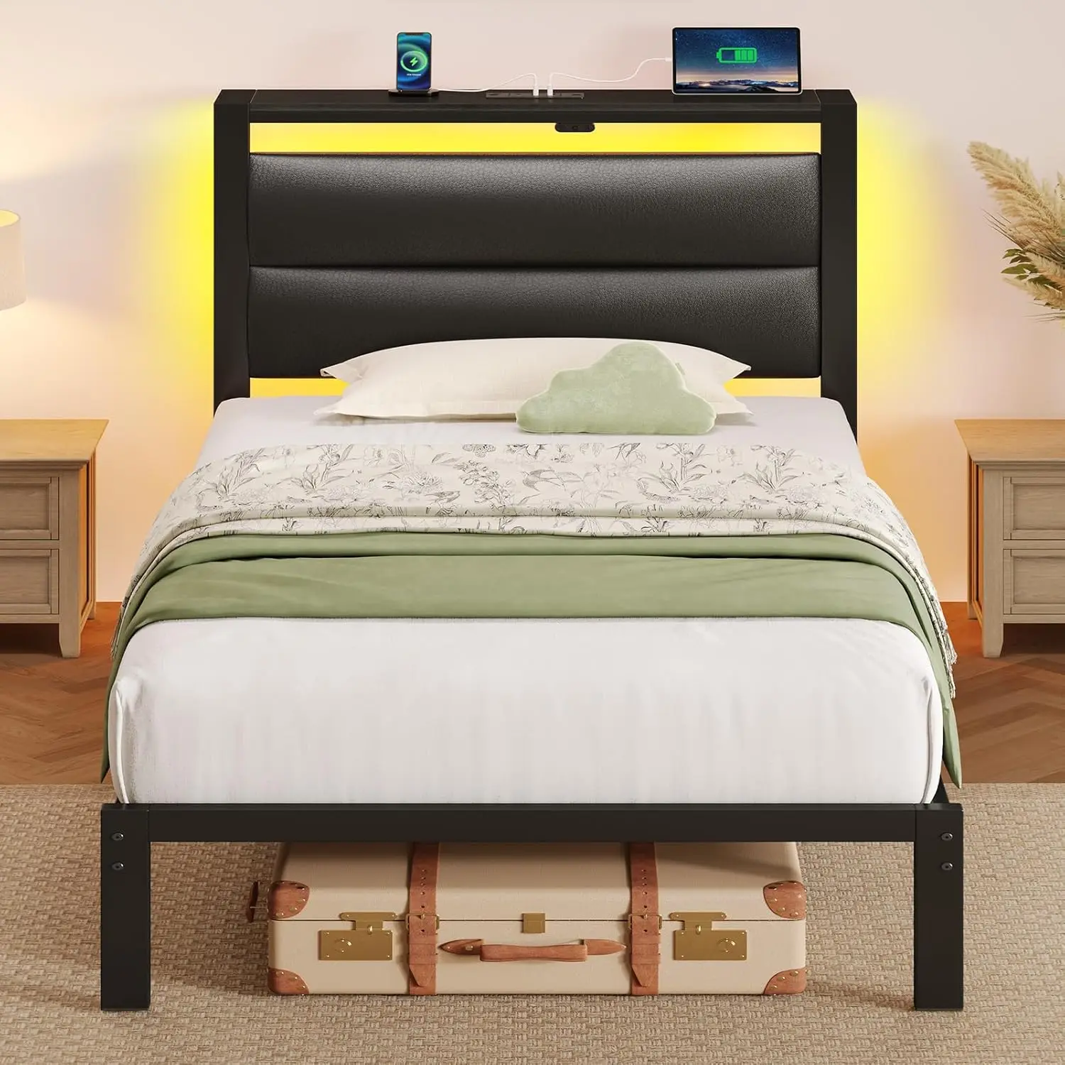 

Twin Bed Frame with Upholstered Storage Headboard, Charging Station & LED Lights, Metal Platform Bed with Under Bed Storage,