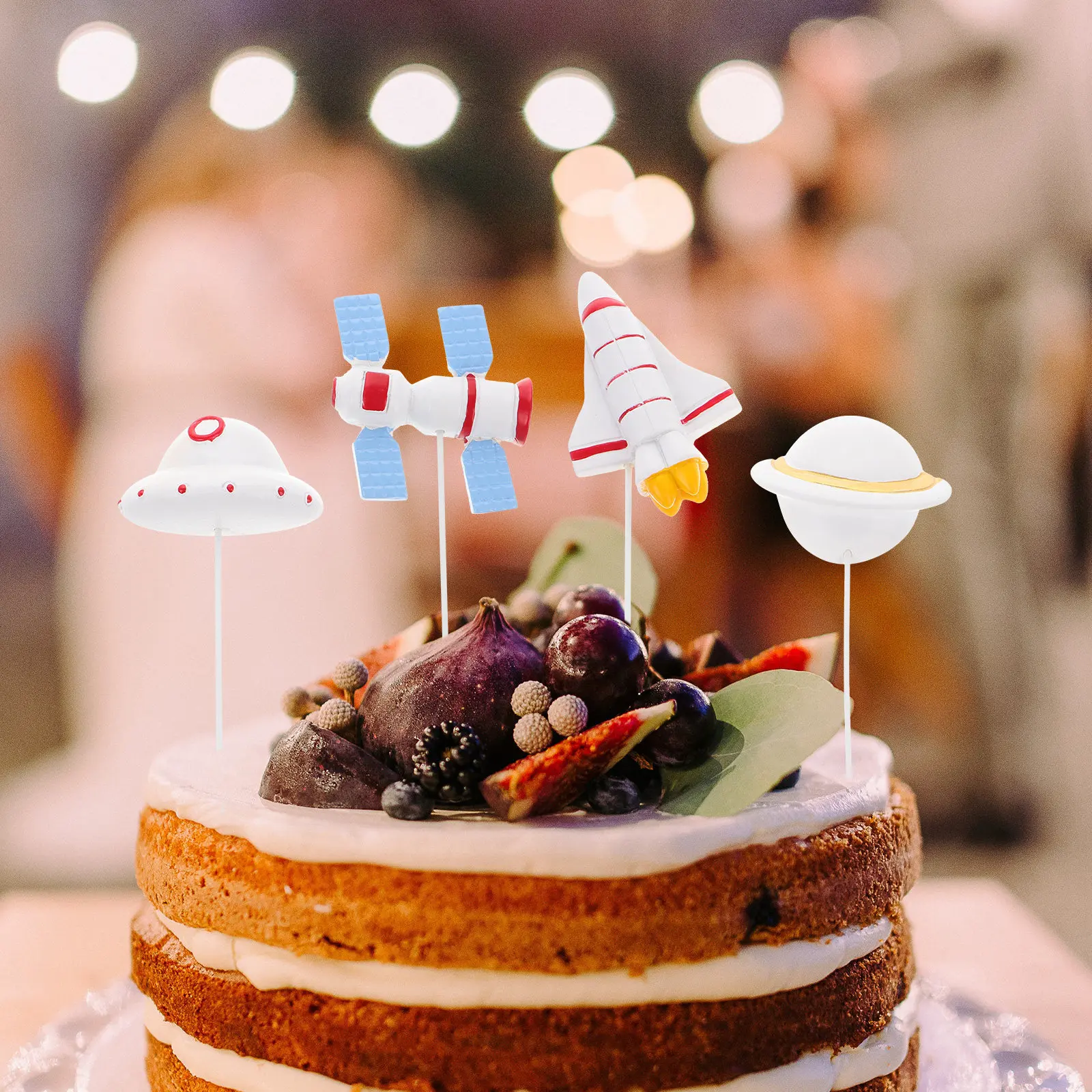 

4Pcs Space Cake Toppers Astronaut Rocket Spaceship Planet Resin Cake Picks for Birthday Party Outer Space Theme Decorations