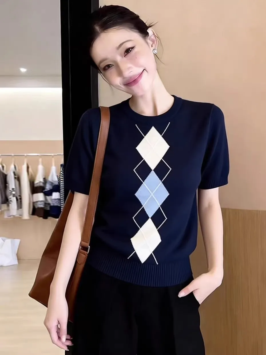 

Unique Design Blue Knitted round Neck Short Sleeve Women's Top Summer Beautiful Pattern Embroidery Loose Fit Daily Wear