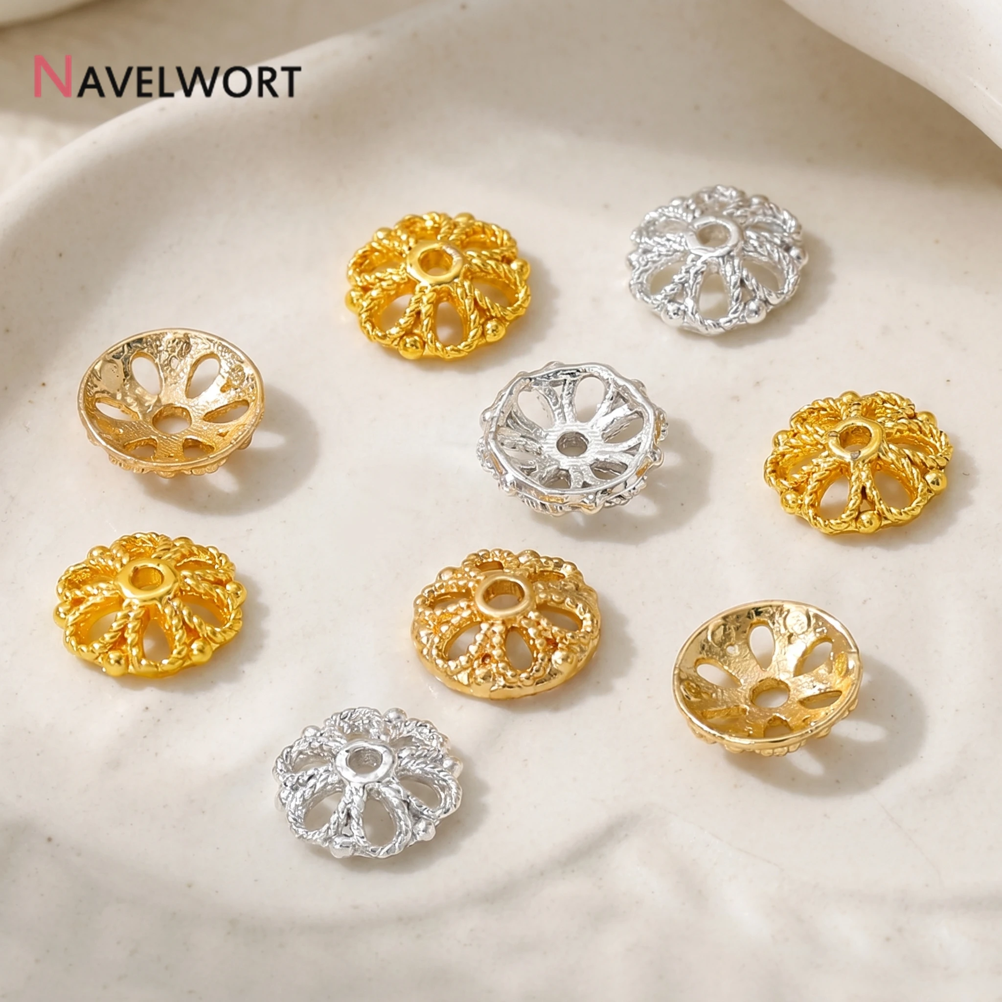 10/20Pcs 14K Gold Plated Brass Metal Round Flower Bead Caps,For Bracelet Necklace Making Accessories,Jewelry Materials