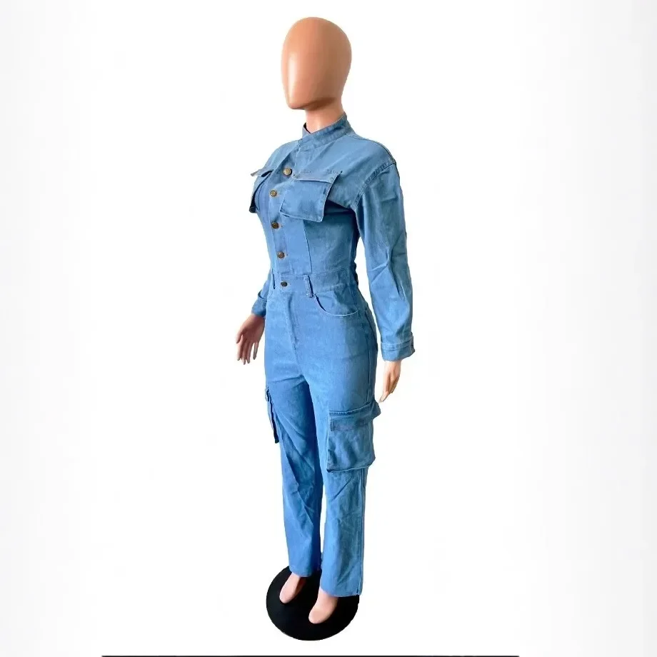 Zekye macacões femininos multi bolsos estiramento jeans carga macacão feminino turn down collar macacão feminino elegância