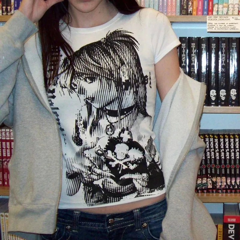 

Y2k Anime Streetwear O-neck 90s Text Printing Tops Women Harajuku Clothes Simple Vintage Crop Tee Aesthetic Emo Casual T-shirt