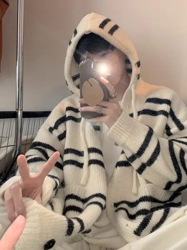 

Retro Striped Men's Knitwear Sweatirt Spring Autumn Hooded Open Cardigan Couple's Loose Fit Soft Polyester Casual Sle