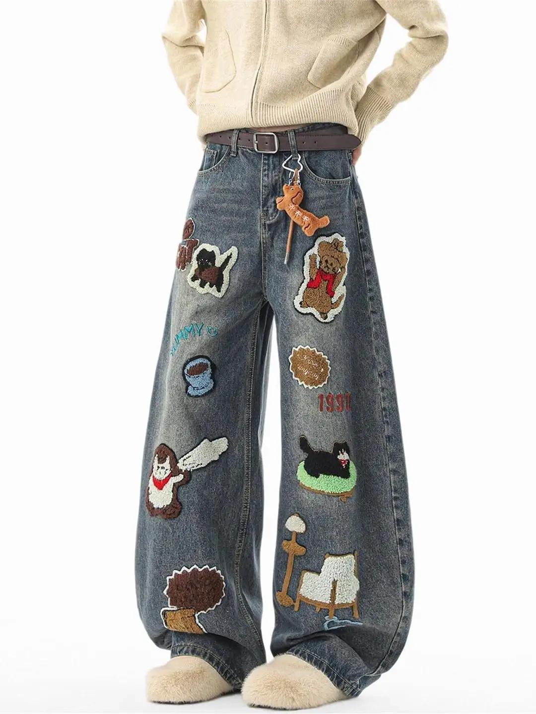 

American Cartoon Towel Embroidery Wide Leg Pants Men's Spring Autumn Faion Design Loose Straight Tube Jeans Casual Wear