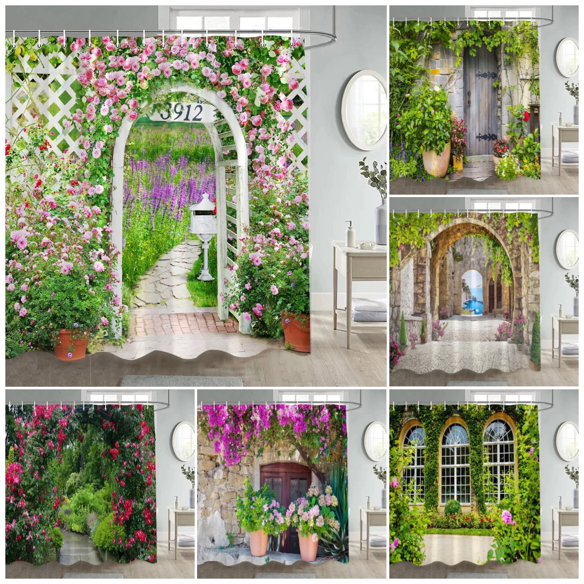 

Декоративный комплект штор для ванной комнаты: современные занавески из полиэстера с рисунком садовых цветов, натуральный рустик-стиль, розовые цветочные мотивы, для настенного крепления