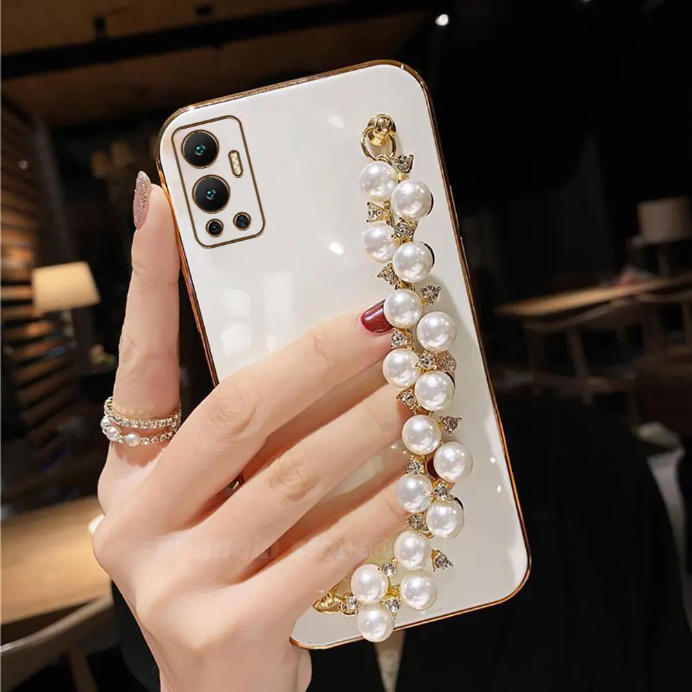 Luxury Pearl Wristband Phone Case For Infinix Hot 12 X6817 X6817B Hot12 Soft TPU Silicone Protective Back Cover