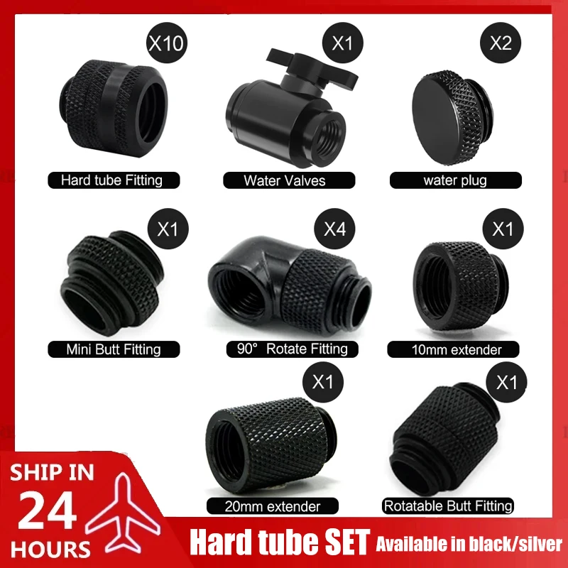 

Computer Water Cooling Hard Pipe Fitting Kit, AIO Pack For 10*14mm Tube Watercooling Building, Black / Silver