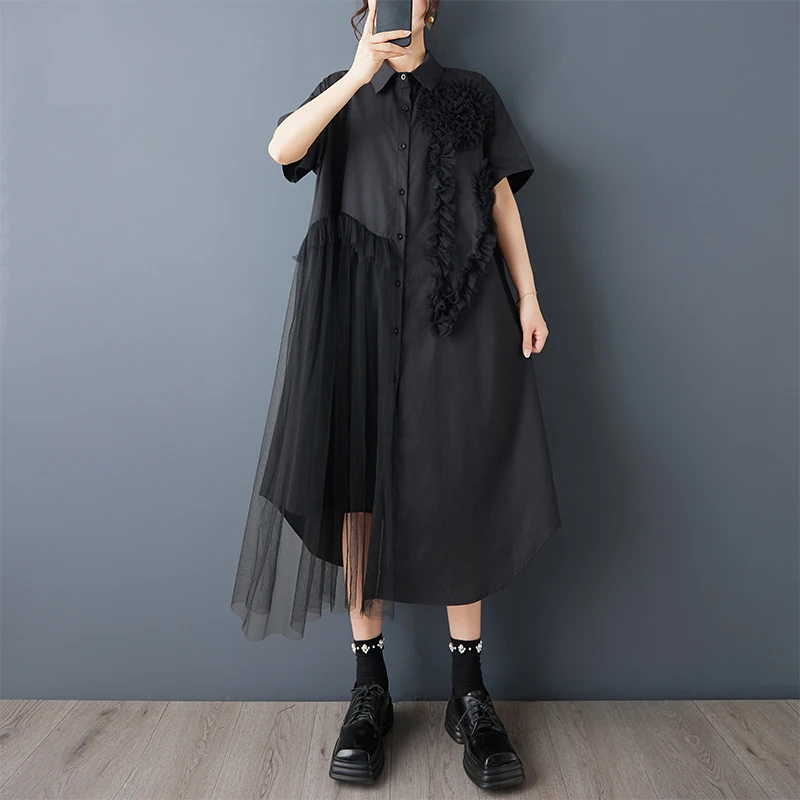 Harajuku ريترو طباعة شبكة تقليم قصيرة الأكمام قميص فستان المرأة فضفاض غير المتماثلة ميدي فستان الصيف Y2K موري فتاة البلد وتتسابق #2