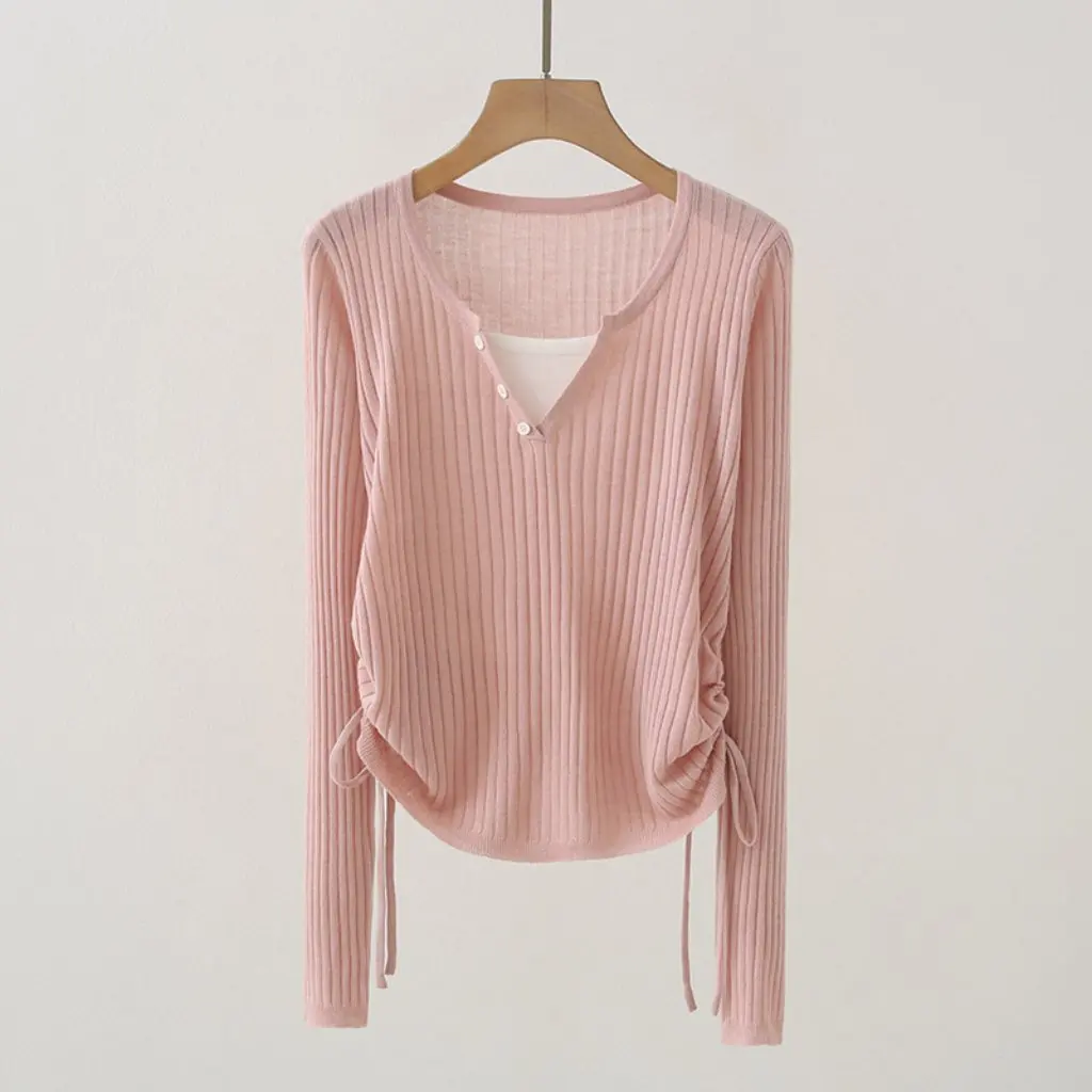 

B1YUE-920 Women's Double-Sided Drawstring Sweater Korean Style V-Neck Autumn Fashion Gentle Wind Color Matched Cardigan