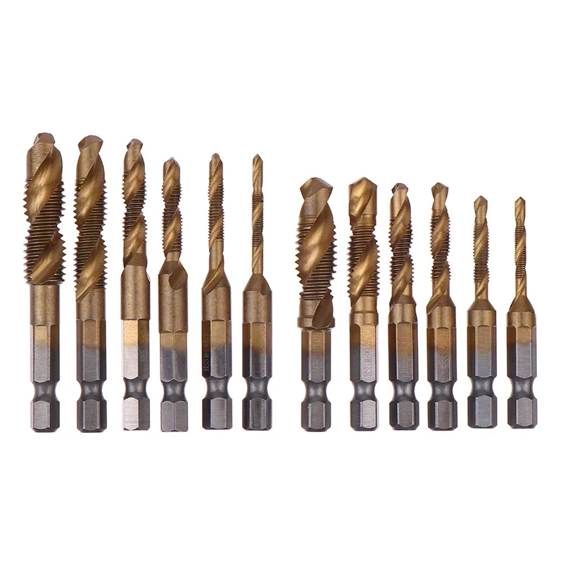 6 ชิ้น Compound เมตริก Tap เจาะ Bits สกรูเกลียว Hex Shank เครื่องไทเทเนียม HSS Tap Bit เครื่องมือสําหรับโลหะเหล็กไม้พลาสติก
