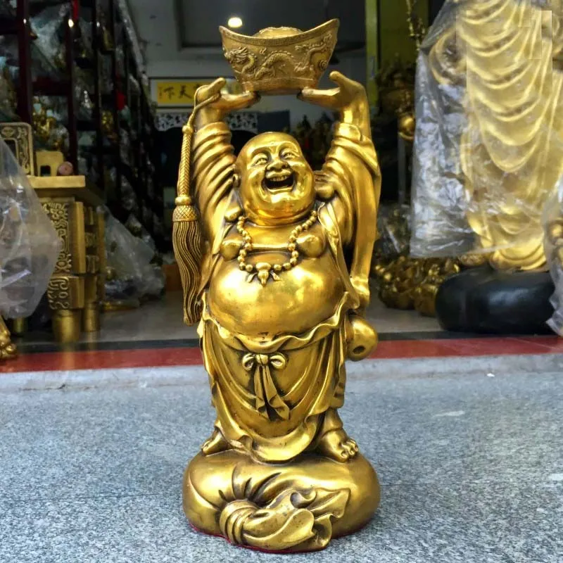 42cm large HOME Shop company thriving business Money Drawing Good luck God of wealth CAI SHEN Maitreya Buddha brass statue