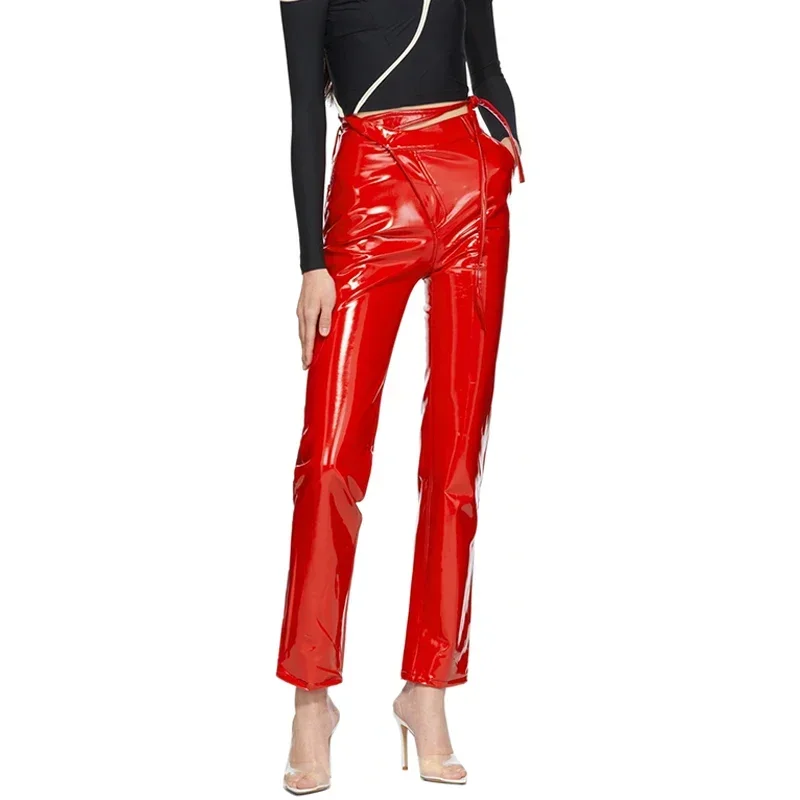 Pantalon taille haute en similicuir latex pour femme, surintendant, bandage, pantalon à jambe droite, brevet brillant, bureau, fête, PU, fjNew bt